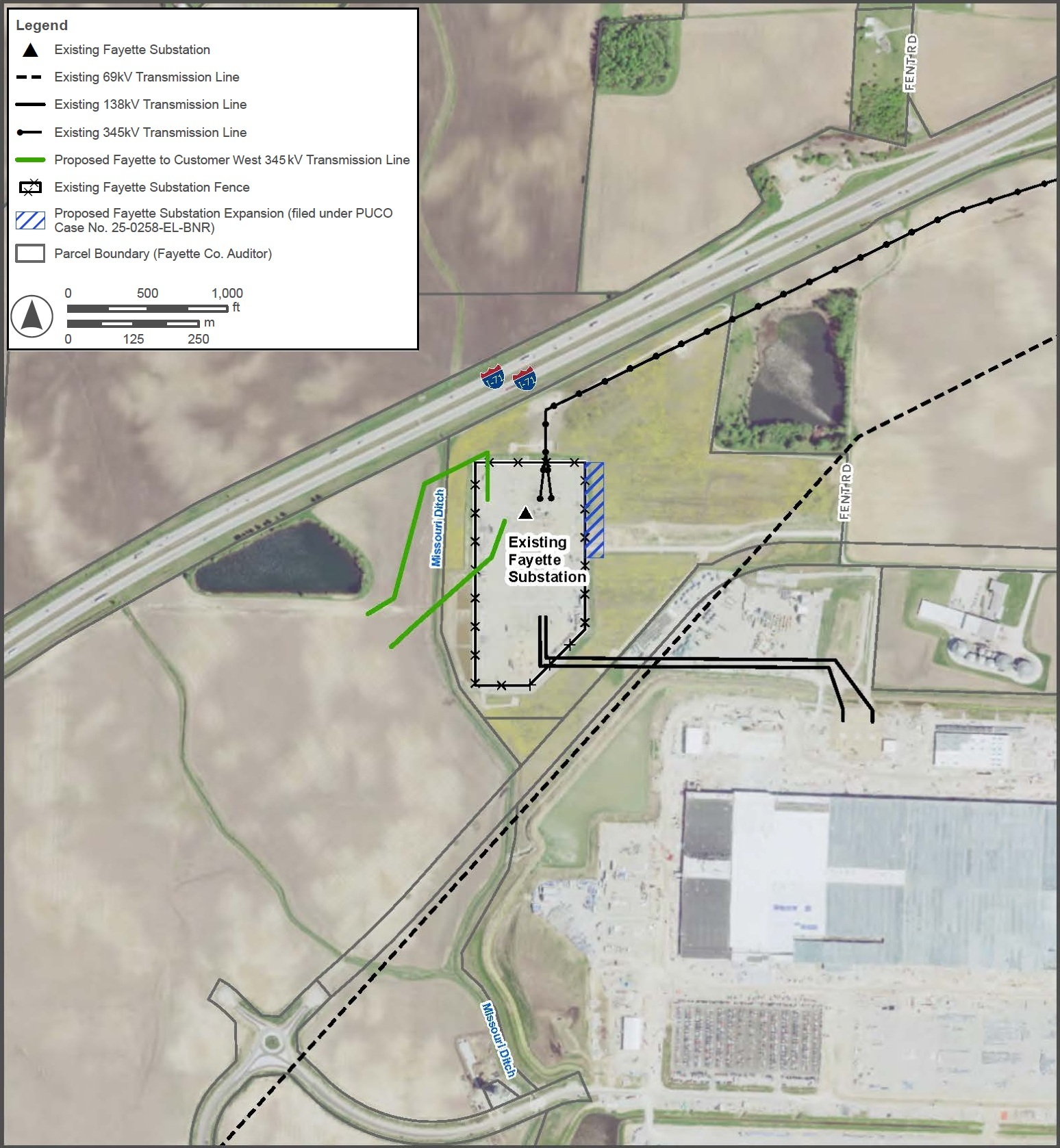 Map showing the existing Fayette Substation, proposed West 345kV transmission line, substation expansion, and surrounding roads and parcels in Fayette County, Ohio.