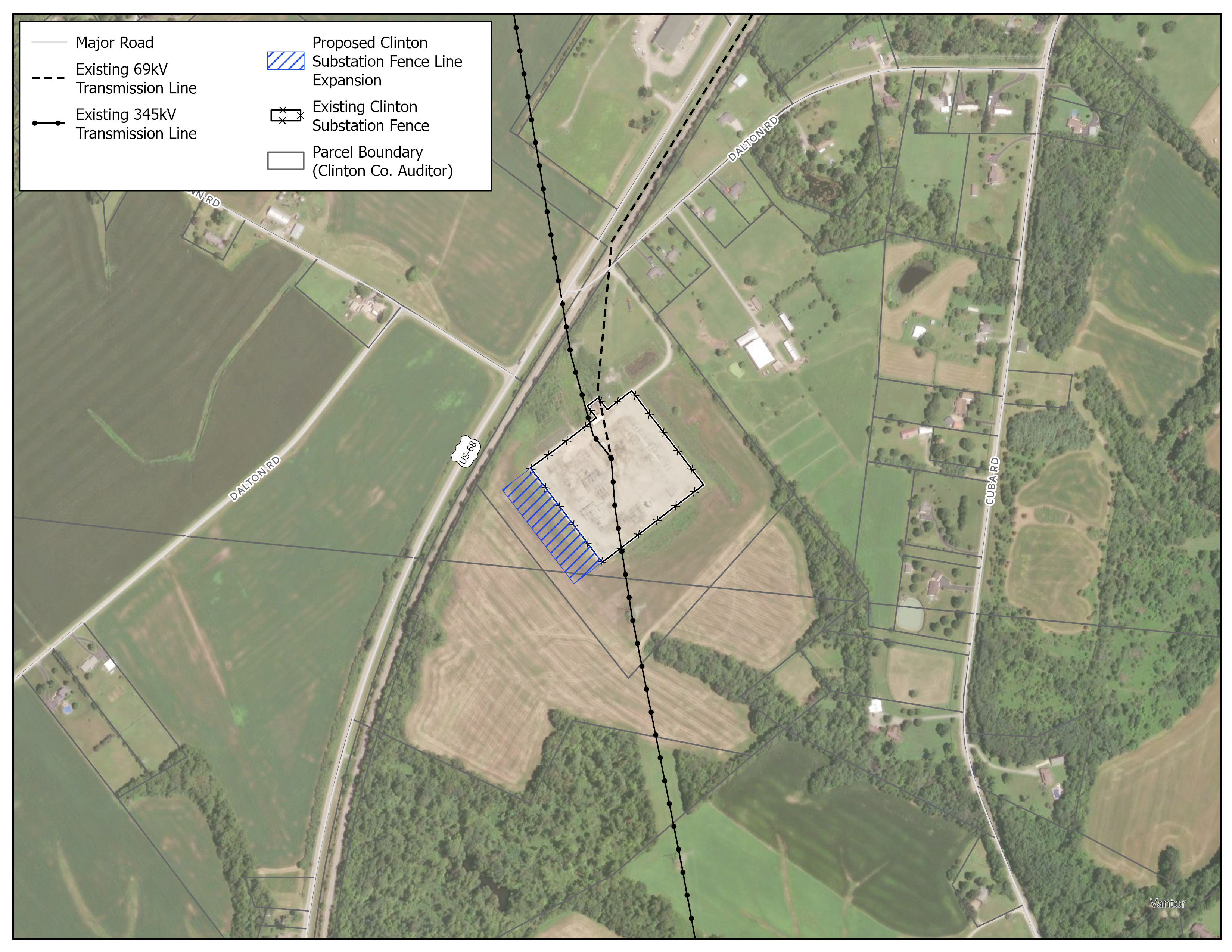 Aerial map showing a proposed expansion of the Clinton substation fence line. The map includes existing 69kV and 345kV transmission lines, major roads, and parcel boundaries. The expansion area is highlighted in blue, adjacent to the existing substation fence.