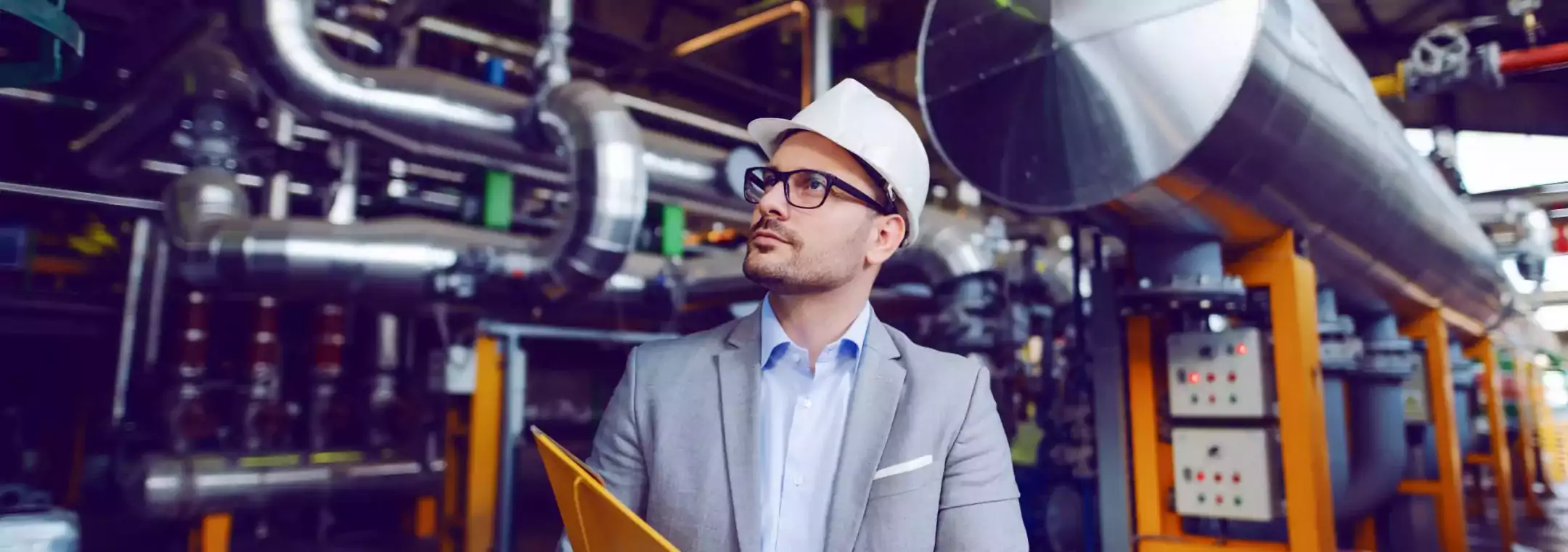 Man with portfolio and hardhat reviewing a plant