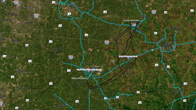 Project map for the AES Ohio Fayette-Clinton 345kV Transmission Line Project showing planned routes, substations, and public feedback tools across Clinton and Fayette counties.