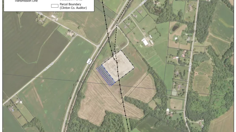 Aerial map showing a proposed expansion of the Clinton substation fence line. The map includes existing 69kV and 345kV transmission lines, major roads, and parcel boundaries. The expansion area is highlighted in blue, adjacent to the existing substation fence.