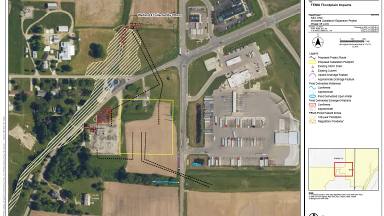 Aerial map showing FEMA floodplain impacts, wetlands, and proposed project routes in AES Ohio.