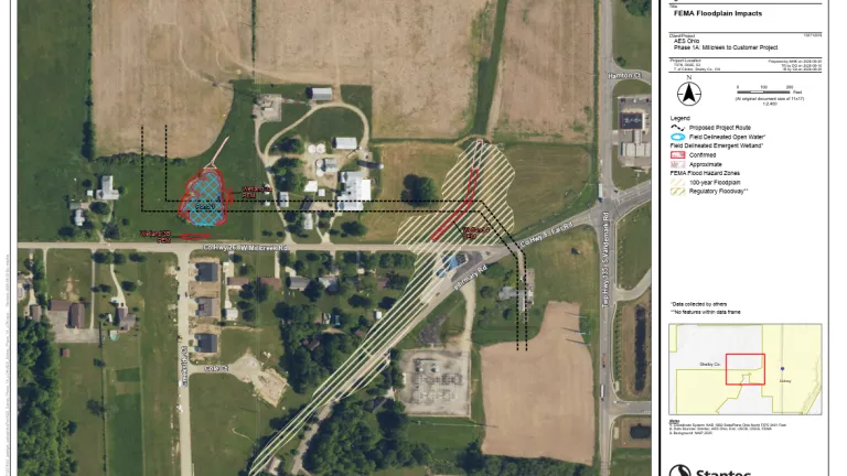 Map showing a proposed project route overlaid on aerial terrain with delineated wetlands and FEMA flood hazard zones.