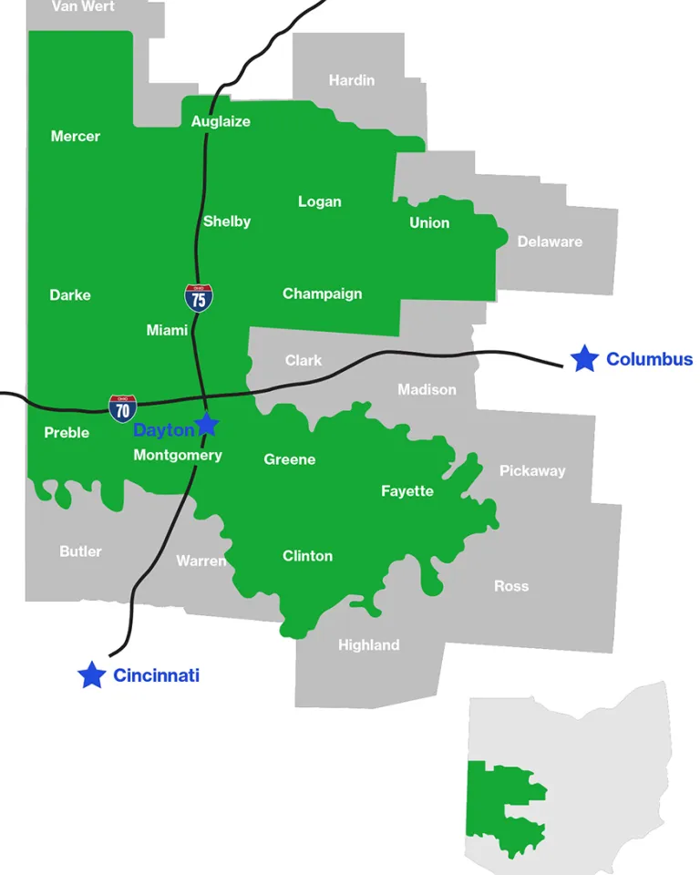Map highlighting several counties in Ohio, including Auglaize, Shelby, Logan, Union, Miami, Montgomery, Greene, Fayette, and Clinton in green. Major highways I-70 and I-75 are marked. Cities Cincinnati, Dayton, and Columbus are indicated with blue stars.